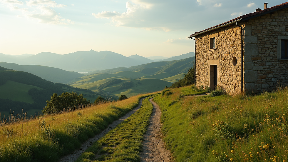 Vista panoramica di un rustico in pietra nel Monferrato con colline verdi