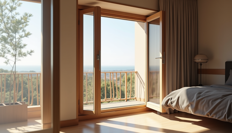 Vista laterale di serramenti in legno-alluminio con vetri stratificati in un hotel