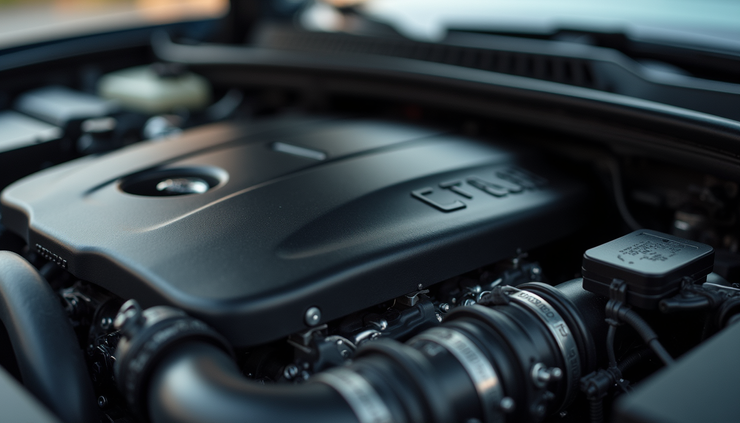 Vista ravvicinata del motore di un’auto con evidenza delle parti in movimento al minimo