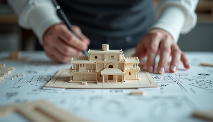 Vista a livello d’occhio di un progetto architettonico dettagliato su tavolo da lavoro