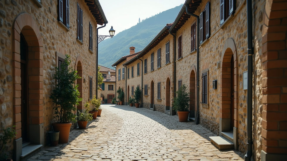 Eye-level view of a quiet village street with stone houses in Roero