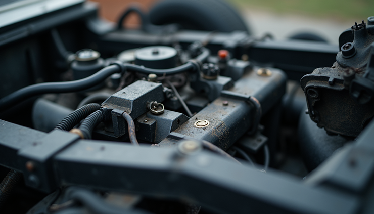 Vista ravvicinata del telaio di un'auto con evidenti segni di usura