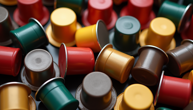 Vista dall’alto di una selezione di capsule di caffè di diversi gusti e colori