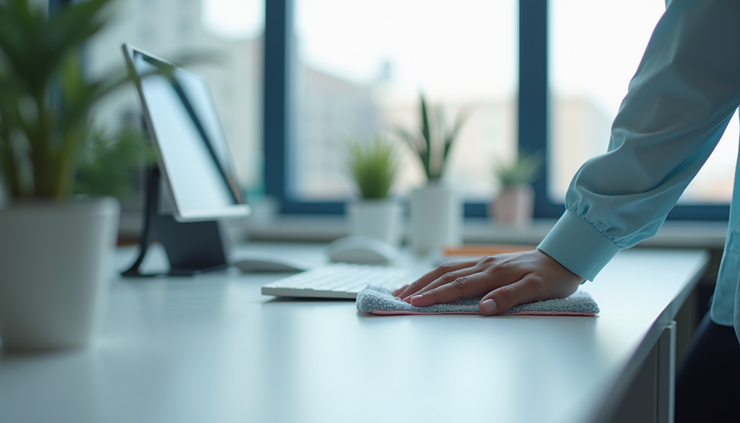 Vista ravvicinata di una scrivania pulita con attrezzature per la pulizia professionale