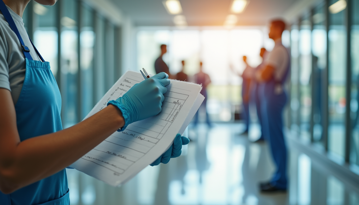 Vista ravvicinata di un operatore che verifica la check-list di pulizia in un ambiente interno luminoso