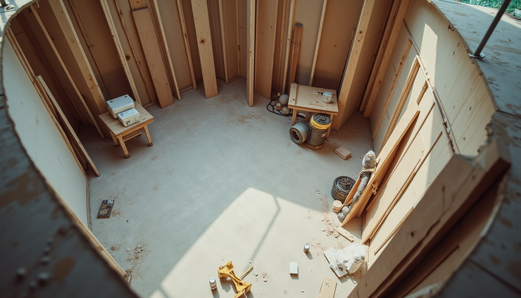 Vista dall'alto di un cantiere di ristrutturazione con materiali e attrezzature