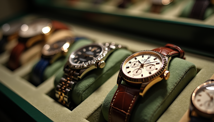 Vista dall’alto di una vetrina di boutique con orologi Rolex esposti a Torino