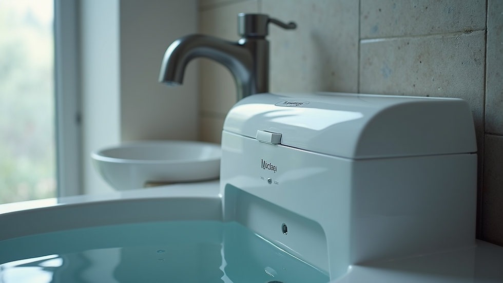 Vista laterale di un depuratore domestico con display digitale e rubinetto per acqua a 45°C