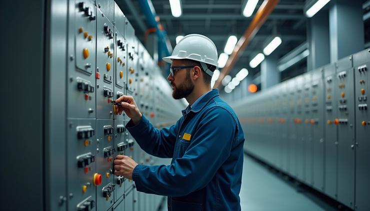 Vista frontale di un tecnico che controlla un sistema di sicurezza elettrica in un impianto industriale
