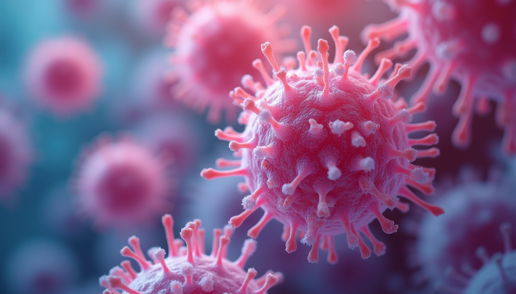 Vista ravvicinata di cellule sane al microscopio con colori vivaci