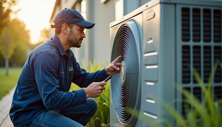 Vista laterale di un tecnico che effettua manutenzione su un condizionatore esterno