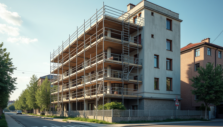 Vista frontale di un edificio in fase di ristrutturazione con impalcature
