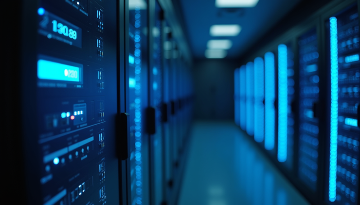 Vista ravvicinata di un data center bancario con server e luci LED blu