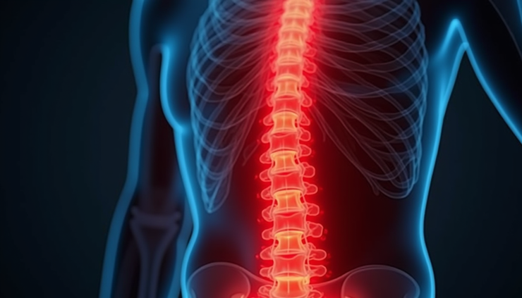 Vista frontale ravvicinata di una colonna vertebrale umana evidenziata in rosso per indicare dolore