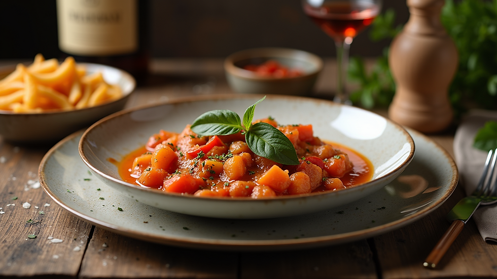 Close-up view of a traditional Italian dish served in a rustic setting