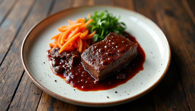 Vista dall'alto di un piatto di brasato al Barolo con salsa densa e contorno di verdure