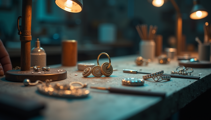 Vista a livello occhi di un laboratorio artigianale con gioielli in lavorazione