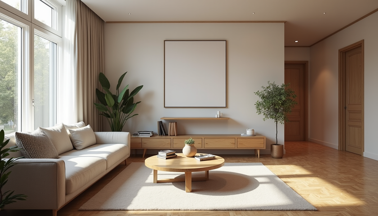 Vista a livello di un soggiorno ristrutturato con finiture moderne e pavimenti in parquet