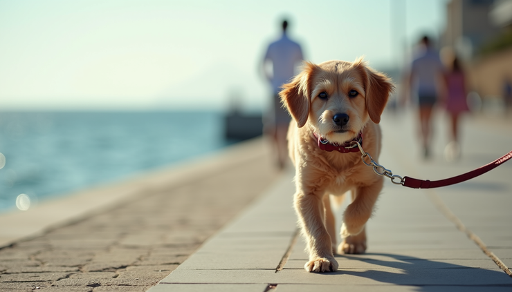 Passeggiata sul lungomare di Loano con cane al guinzaglio