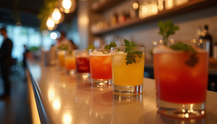 Vista a livello degli occhi di un elegante banco bar con cocktail colorati e decorazioni fresche