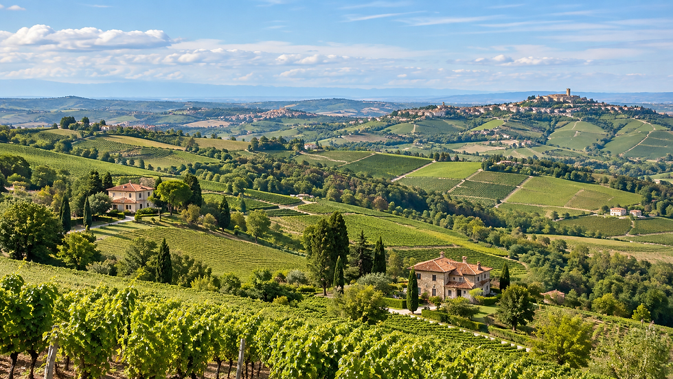 Vista panoramica delle colline del Monferrato con case indipendenti immerse nel verde