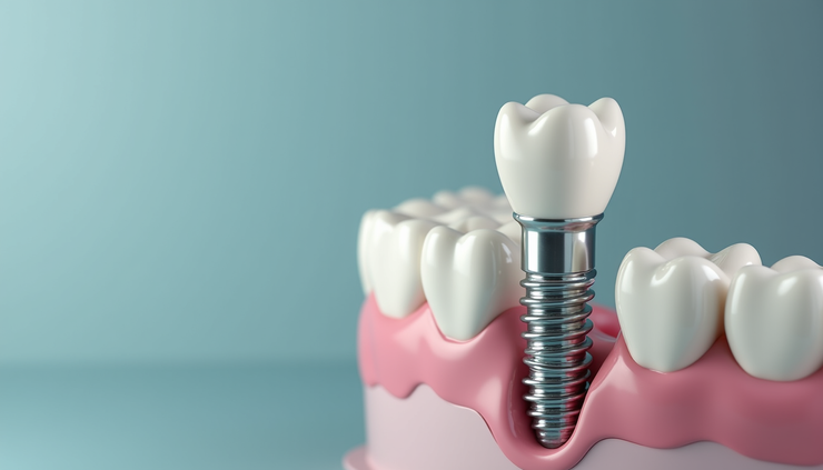 Vista laterale di un impianto dentale con corona in ceramica