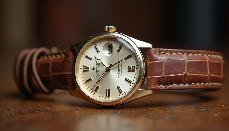 Vista frontale ravvicinata di un orologio Rolex vintage con cinturino in pelle