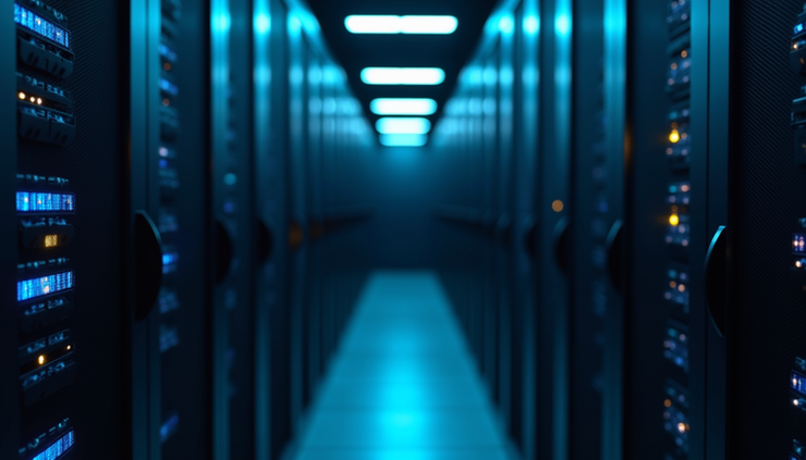 Vista frontale di un server rack con luci LED accese in un data center