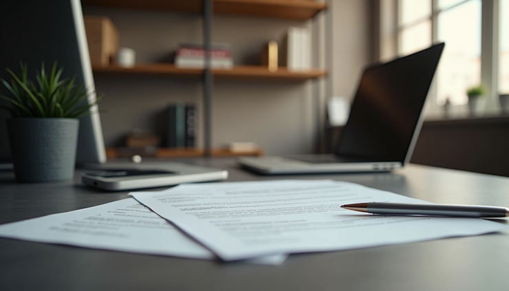 Vista frontale di una scrivania con laptop aperto e documenti legali, ambiente di lavoro legale