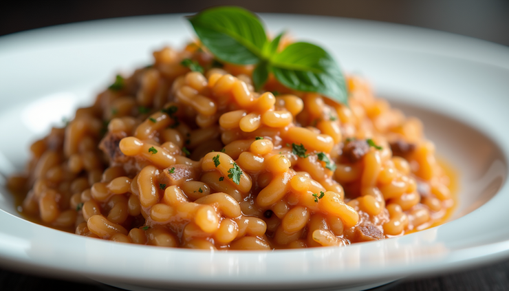 Vista ravvicinata di un piatto di risotto al Barolo con riflessi lucidi e colori intensi