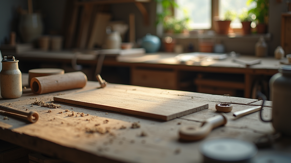 Vista ravvicinata di un laboratorio artigianale con materiali di recupero