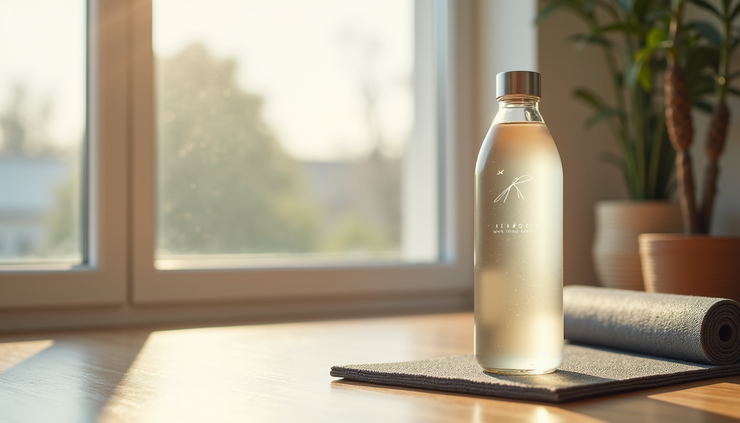 Vista a livello occhi di una bottiglia di acqua idrogenata accanto a un tappetino da yoga in un centro wellness luminoso