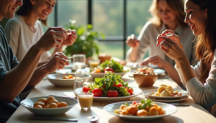 Vista frontale di una tavola apparecchiata con cibo sano e masticazione consapevole