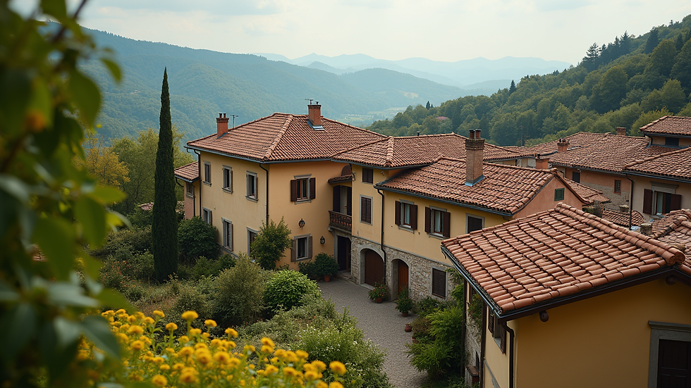 High angle view of a charming village house with terracotta roofs in Langhe