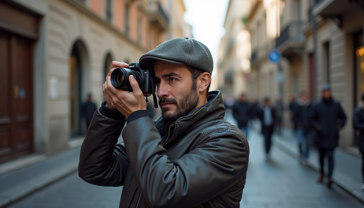 Vista a livello occhi di un fotografo che scatta una foto di strada con obiettivo 50mm