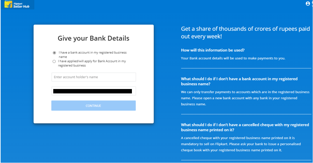 Bank Account details for registration of New Seller Account on Flipkart.