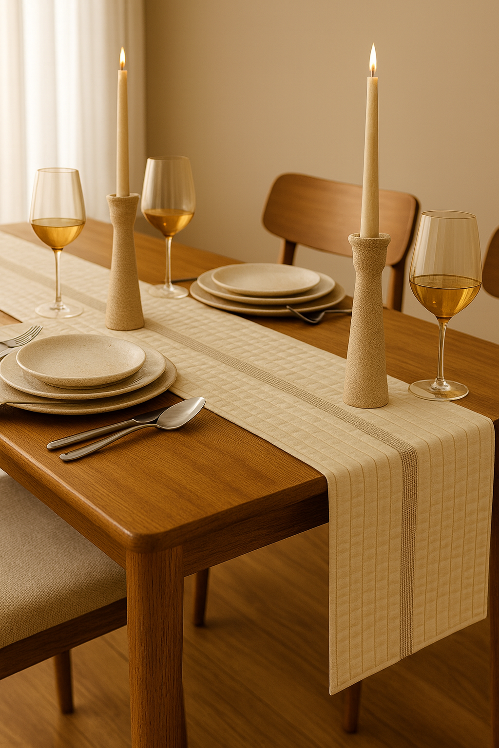 Beige Quilted Table Runner with Metallic Trim – 13x72 inch | Elegant Contemporar