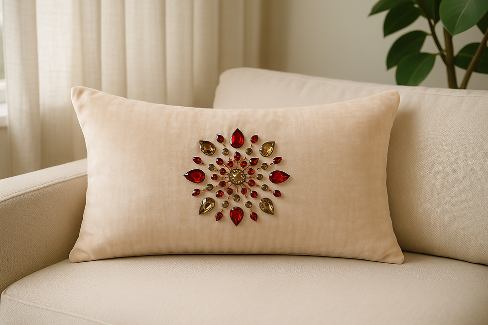 Thumbnail: Beige Velvet Lumbar Cushion Cover with Red & Champagne Crystal Embellishment – 1