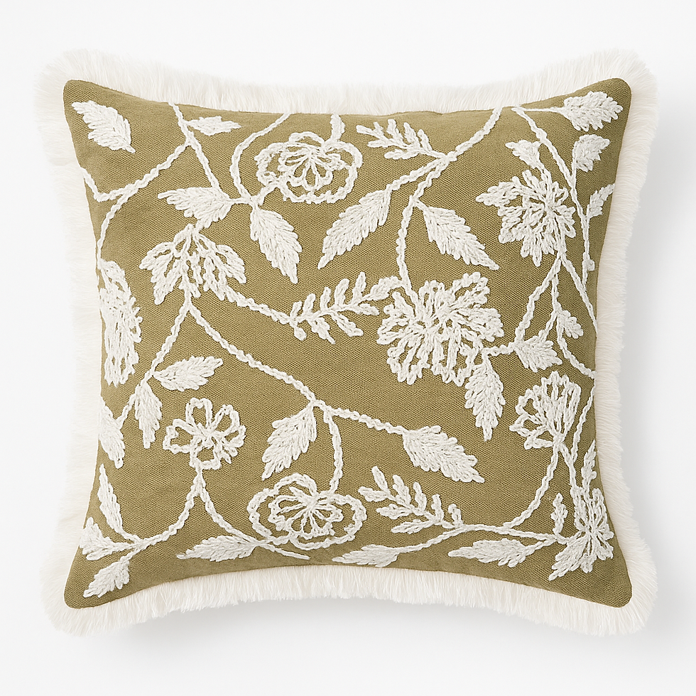 Thumbnail: 16"x16" Olive Cotton Cushion Cover – White Floral Embroidery with Fringe
