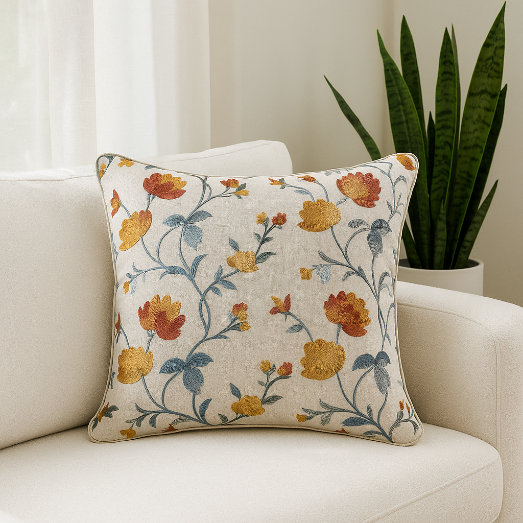 Autumn Bloom – Beige Cushion Cover with Yellow & Rust Embroidery