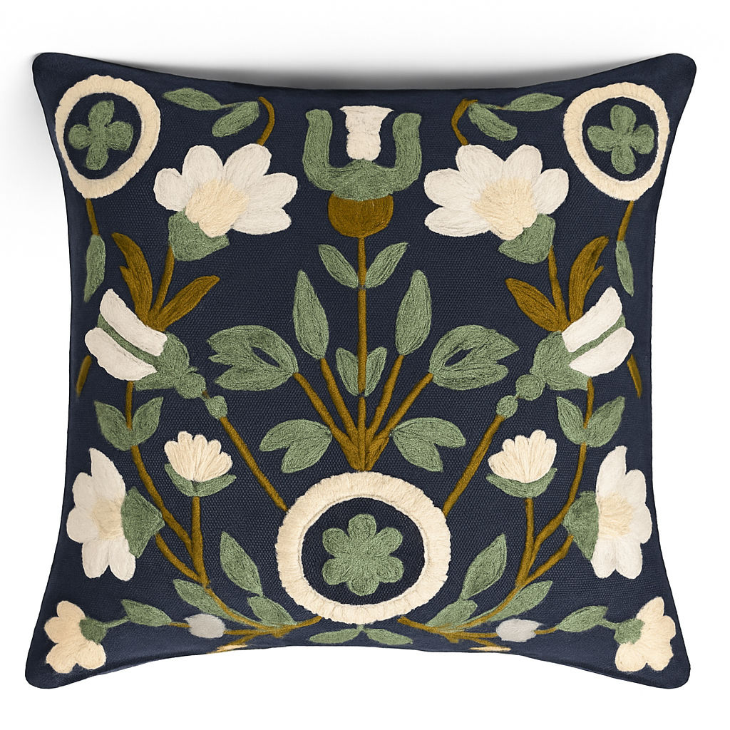 Navy Bloom Garden Hand-Embroidered Cushion Cover 16"X16"