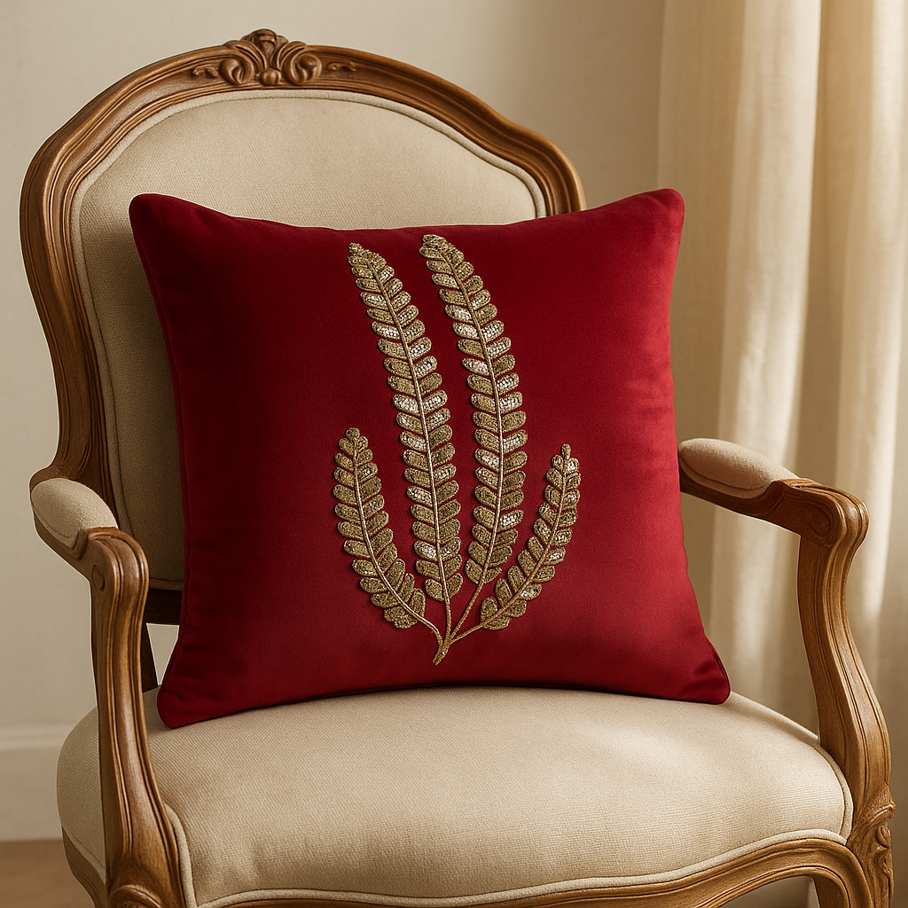 Fern Luxe – Red Velvet Cushion Cover with Golden Leaf Embroidery