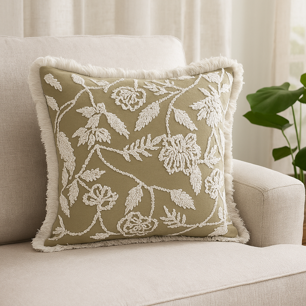 16"x16" Olive Cotton Cushion Cover – White Floral Embroidery with Fringe