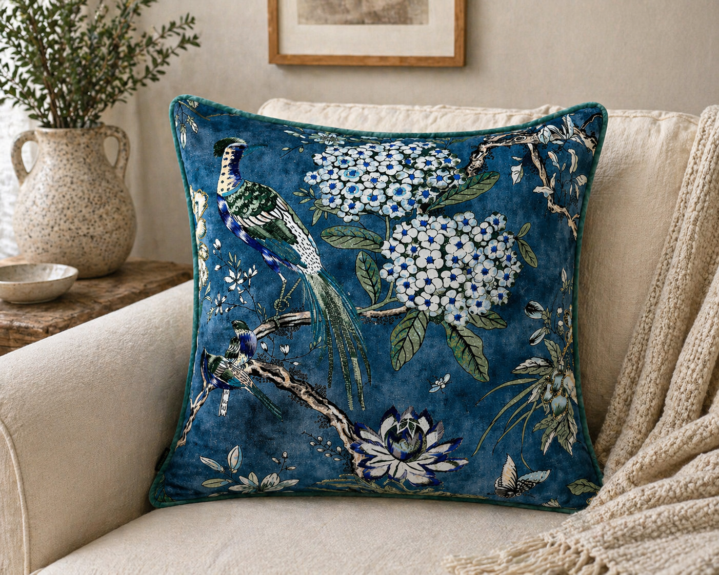 16x16 Teal Peacock Floral Print Cushion Cover