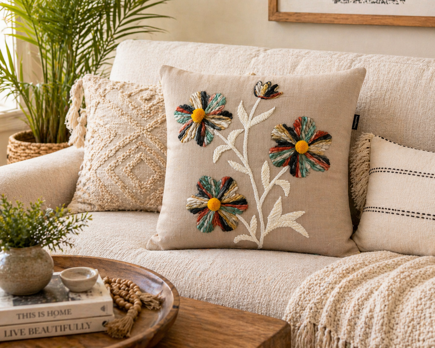 Beige Embroidered Cushion Cover 16x16 Floral Decorative