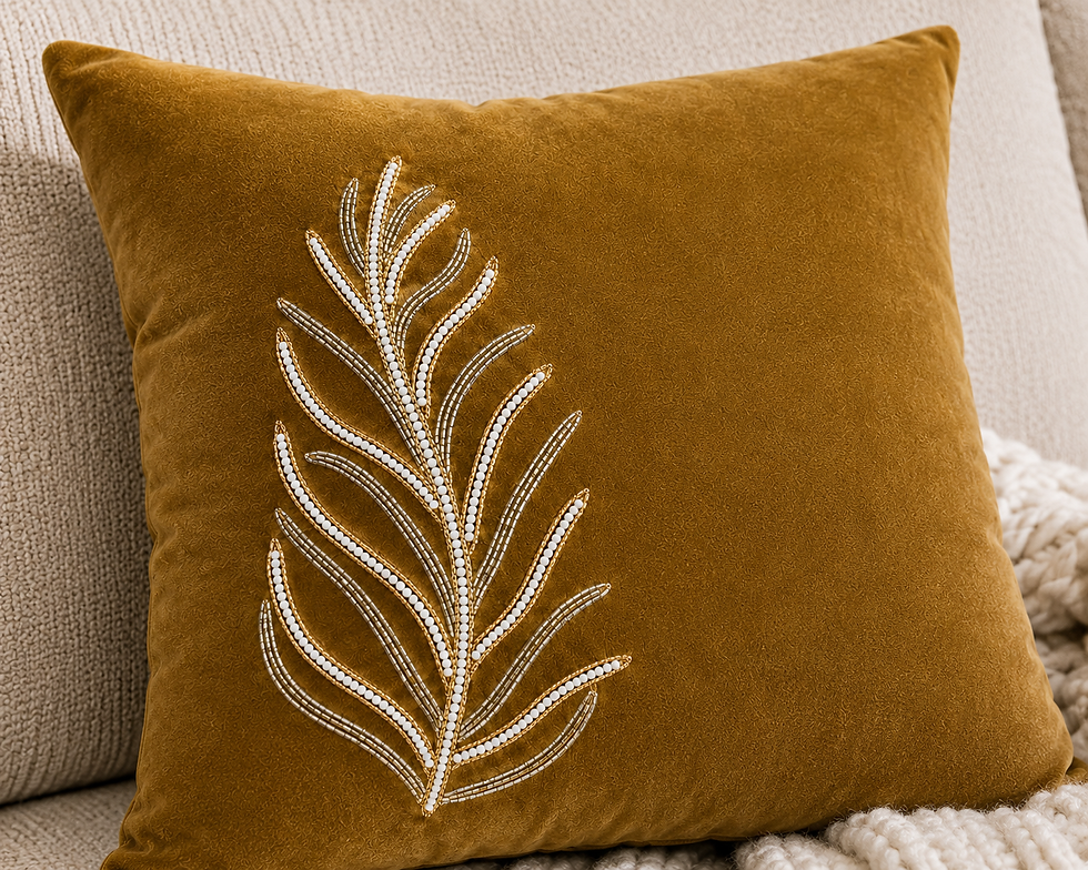 Thumbnail: Pearl Palm Leaf Embellished Mustard Velvet Cushion Cover 16x16