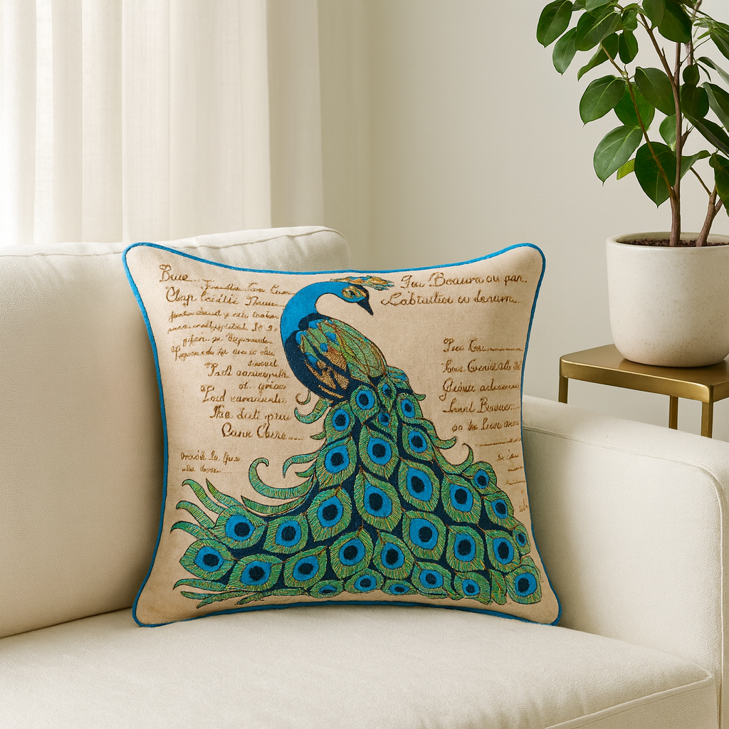 Peacock Royale – Beige Cushion Cover with Blue Peacock Embroidery