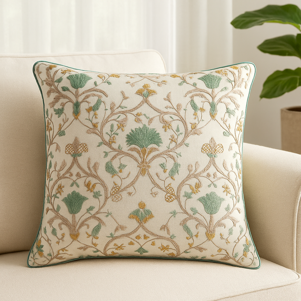 Emerald Bloom – Beige Cushion Cover with Green & Gold Embroidery