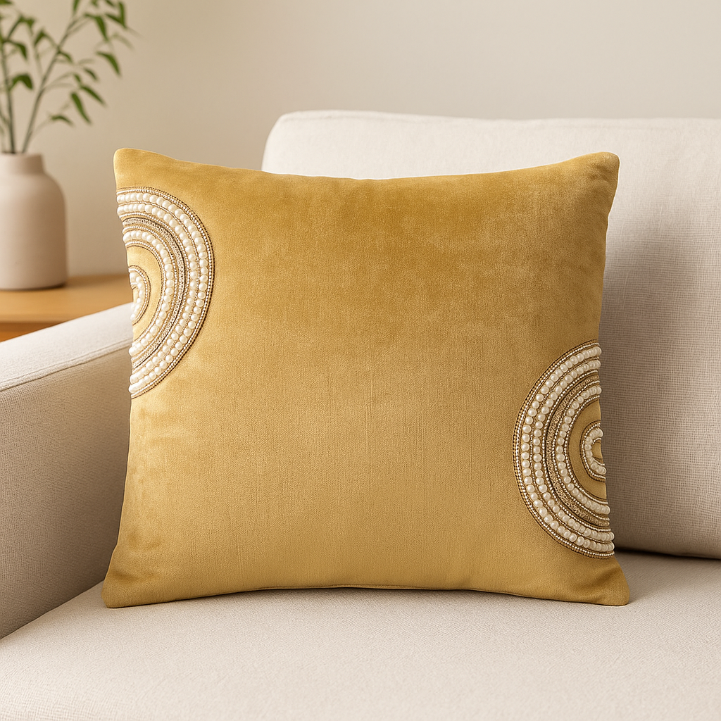Orbit Luxe – Mustard Velvet Cushion Cover with Golden Embellished Circles