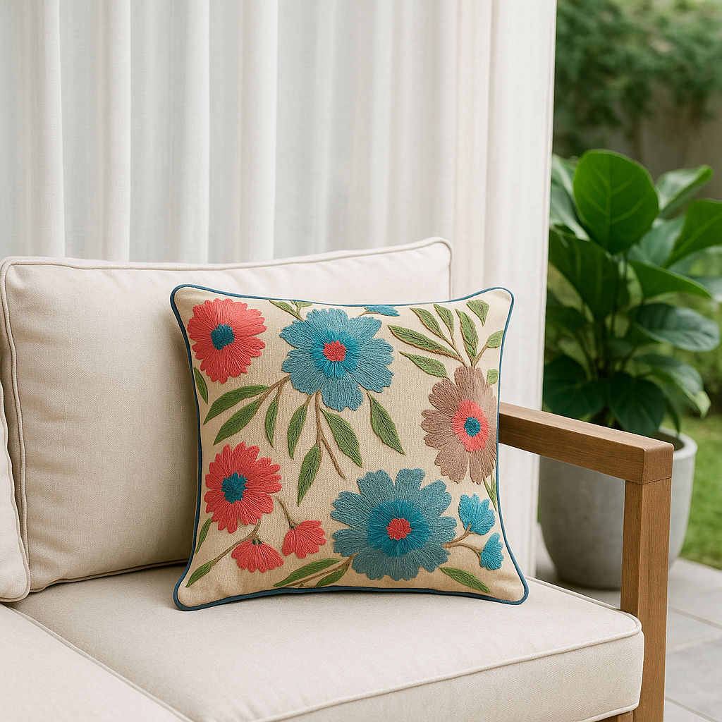 Coral Bloom – Beige Cushion Cover with Multicolor Floral Embroidery